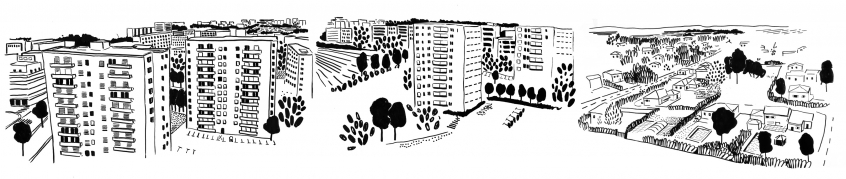 Vue de la ville de Saint Priest. Dessin au feutre et à l'encre de chine, mise en couleur à la tablette graphique.